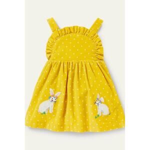 Baby Boden Yellow Polka Dot Corduroy Bunny Applique Pinafore Dress Sz 12-18 mnth